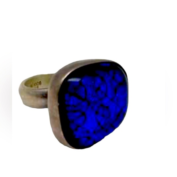 Mexico Modernist Sterling Silver Bright Cobalt Blue Glass Unisex Ring Jewelry - Picture 2 of 8